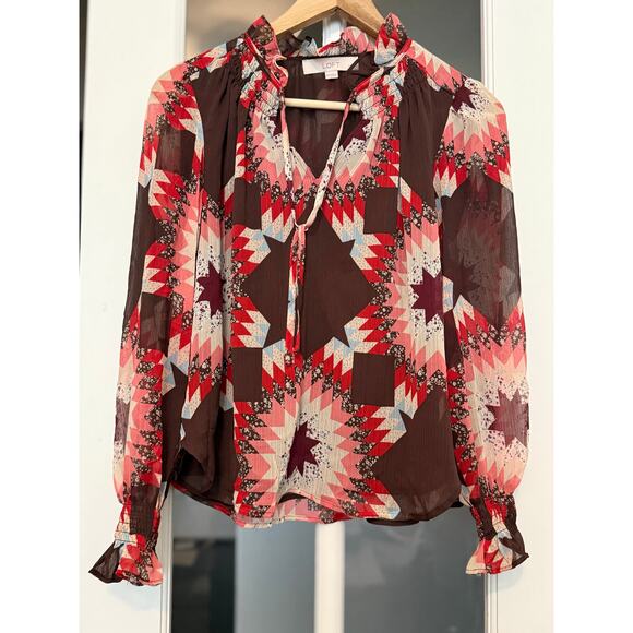 LOFT patchwork Ruffle Tie Neck long sleeve flowy Blouse XSP petite - Picture 4 of 13